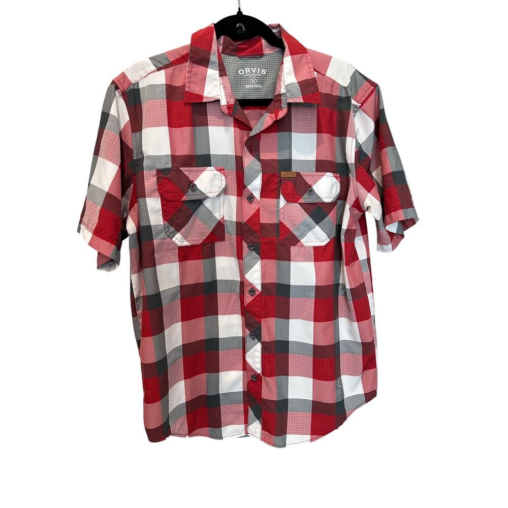 Orvis Plaid Short Sleeve Button Front Performance Shirt Men’s M Red Gray